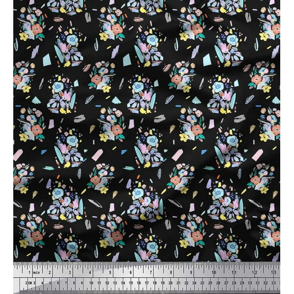 Soimoi Black Cotton Voile Fabric Floral & Brush Stroke Fabric Prints By Yard 42 Inch Wide