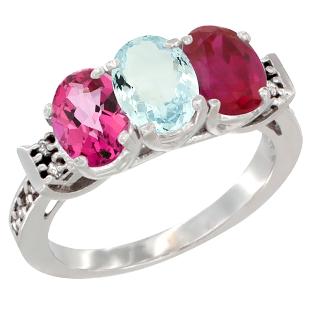 10K White Gold Natural Pink Topaz, Aquamarine & Enhanced Ruby Ring 3-Stone Oval 7x5 mm Diamond Accent, sizes 5 10 by WorldJewels
