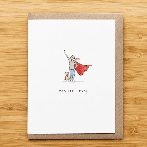 Dog Mum Hero Mother's Day Card, Funny Super Mum Greeting Card, Hand Drawn Watercolor Mom Card, Blank Inside with Envelope