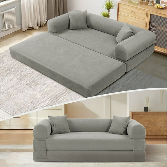 VFD 3-Seat Convertible Sleeper Sofa Bed with 2 Pillows, Teddy Sofa Corduroy Folding Mattress Couch, No Assembly Required Floor Sofa Lounge Boneless Couch for Living Room Bedroom, Light Gray