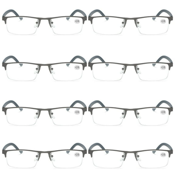 8 PK Men's Blue Light Blocking Reading Glasses - Rectangular Metal Half-Frame - Spring Hinge Readers 0.75