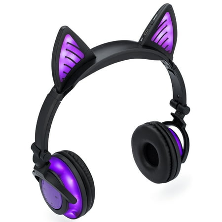 SoundBeast Bluetooth Cat Ear Headphones with Glowing Purple Lights - Wireless Headphones for Kids & Adults