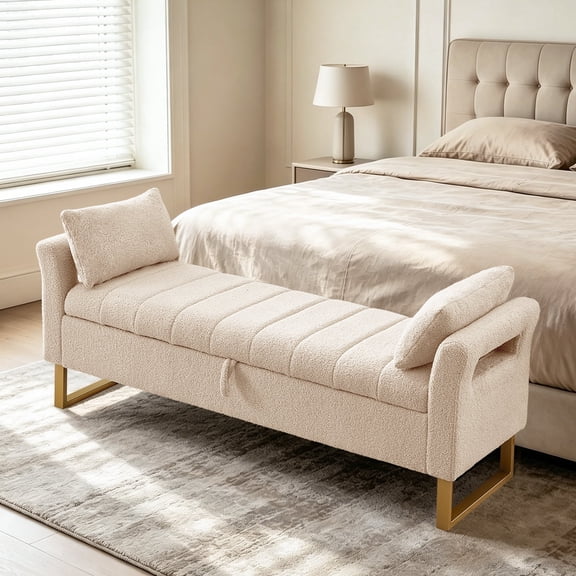 BaseBeauty 66" Storage Bench for Bedroom, End of Bed Bench with Gold Legs, Teddy Upholstered Storage Bench with 2 Pillows, Beige
