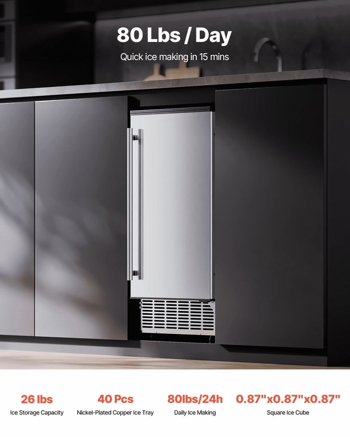 Undercounter Ice Maker 80 Lbs/Day, Built-in Stainless Steel Ice Machine, Freestanding Ice Maker for Home Kitchen & Commercial Use, Electric Drain Compatible