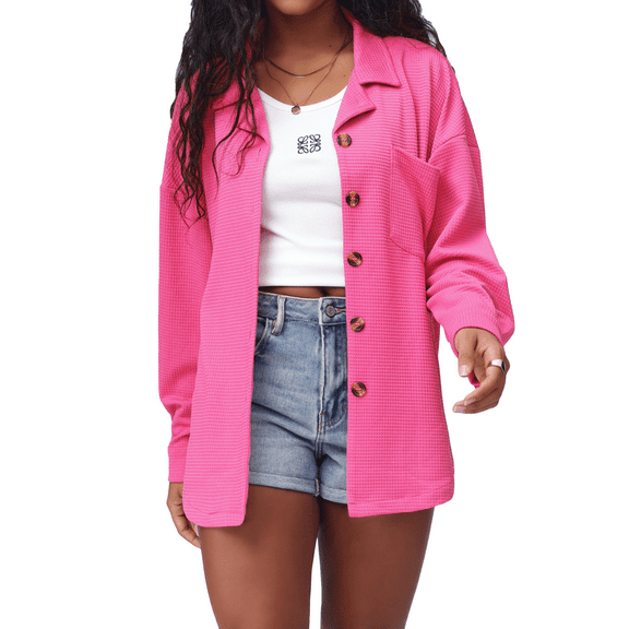 Womens Waffle Knit Shacket Jacket Oversized Casual Long Sleeve Button Down Shirts Dressy Blouses Tops with Pocket pink M