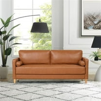 Maklaine Mid-Century Sofa in Caramel Brown Faux Leather Upholstery