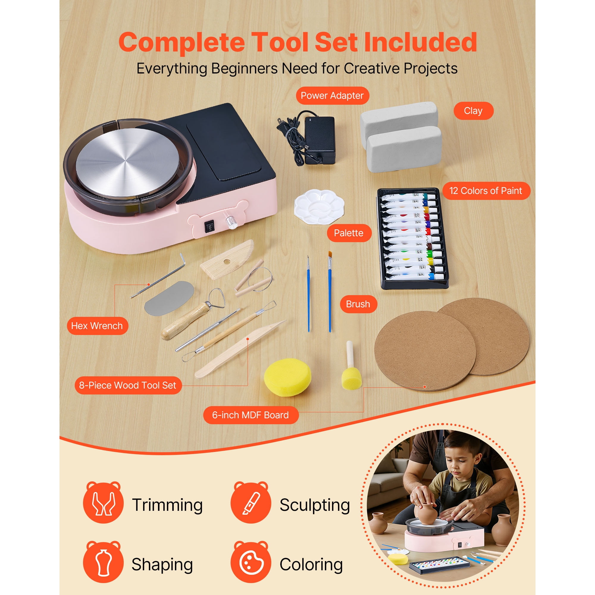 KFFKFF Mini Pottery Wheel with 6-Inch Turntable, Adjustable Speed, Forward and Reverse Rotation, Electric Clay Wheel for Kids and Adults, Includes Clay Shaping Tools, Ideal for Home Projects and Pott