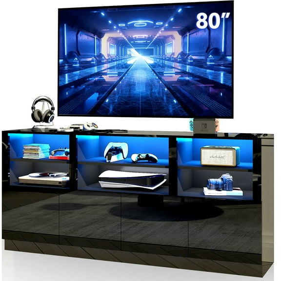 70" LED TV Stand for up to 80" TVs, 32" High Modern Entertainment Center with 4-Doors Cabinet & 6 Shelves to Storage, High Gloss Media Console Table