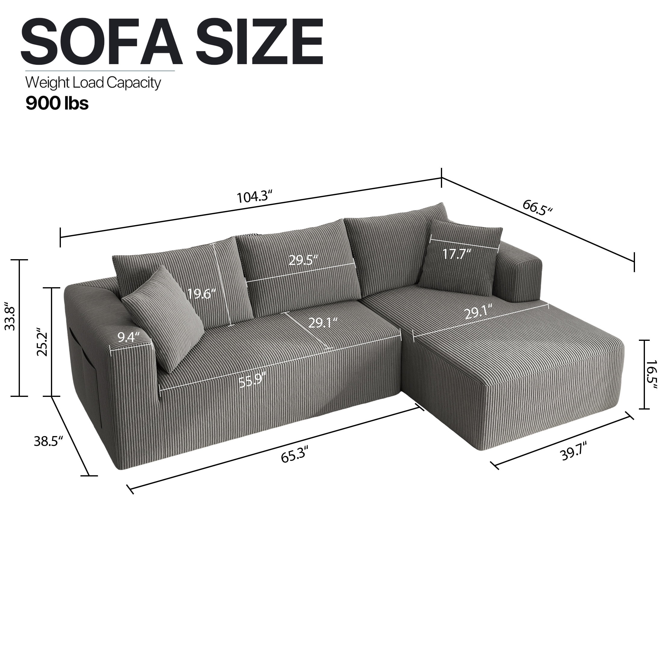 Focalsweet 107" L-Shaped Sofa Couch, Modular Sectional Living Room Sofa Set, Corduroy, No Assembly, Gray