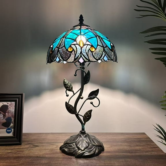 Tiffany Table Lamp Green Brown Stained Glass Iron Metal Leaves Bronze Base Included LED Bulb Liaison Lamp for Living Room Bedroom Bedside 20'H*10"W