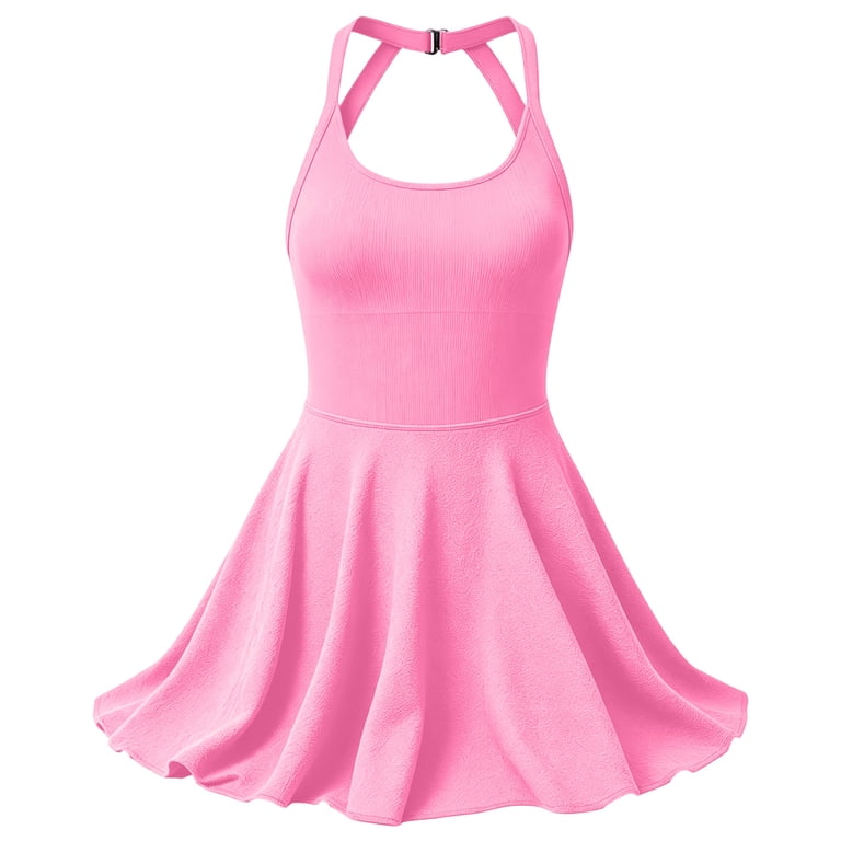 RFQWOVSR Women Backless One Piece Workout Dress Padded Sports Bra with Built-in Shorts Summer Yoga Skirt L