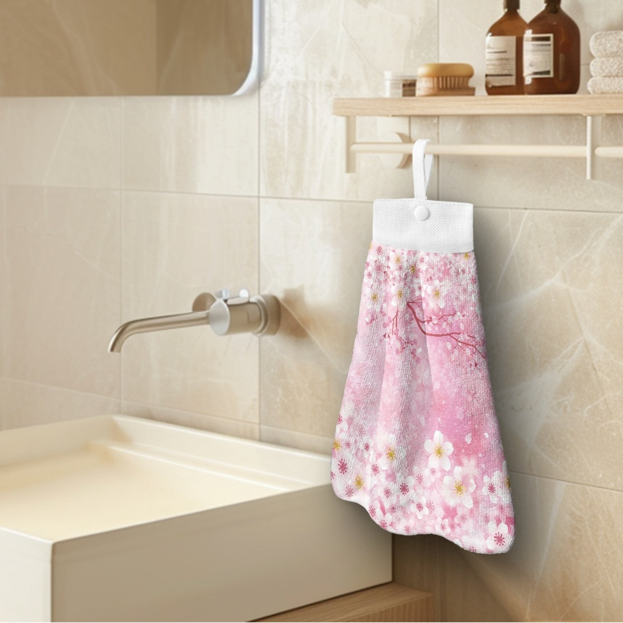 ZIATUBLE Cherry Blossom Hanging Kitchen Dish Towel with Hanging Loop Bathroom Hand Bath Towel Set 2 Pack Machine Washable Hanging Dual-Purpose Hand Towel Dish Cloth Easy to Install Tie Towel