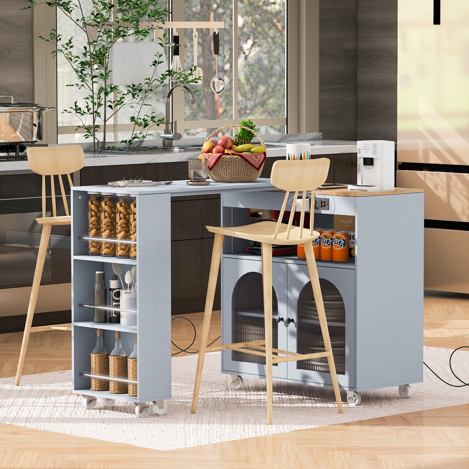 Harper & Bright Designs Rolling Kitchen Island With Extended Table, Kitchen Island on Wheels with LED Lights, Power Outlets and 2 Fluted Glass Doors, Kitchen Island with Storage Shelves, Grey-Blue