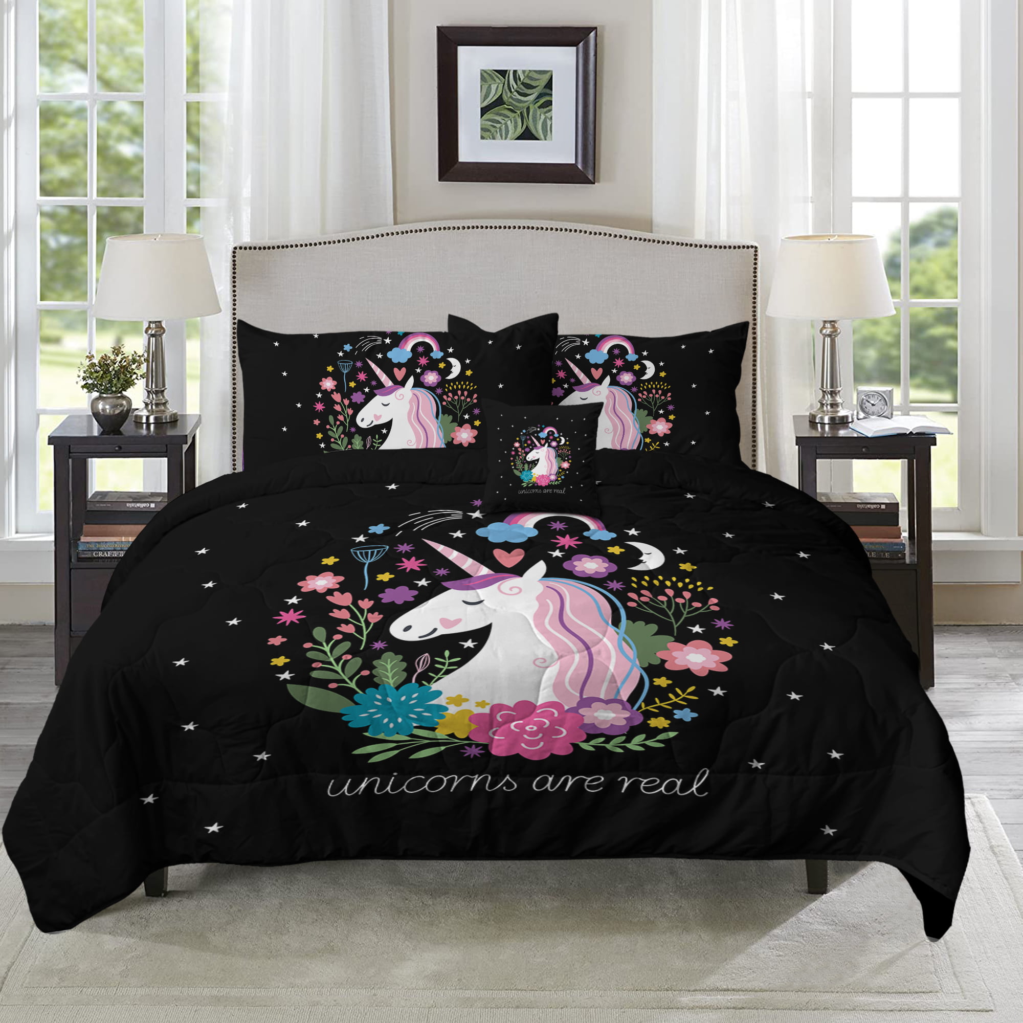 Pretty Unicorn Quilt Cover 3D Floral Lilac Girls Reversible Bedding Set FREE P&P 