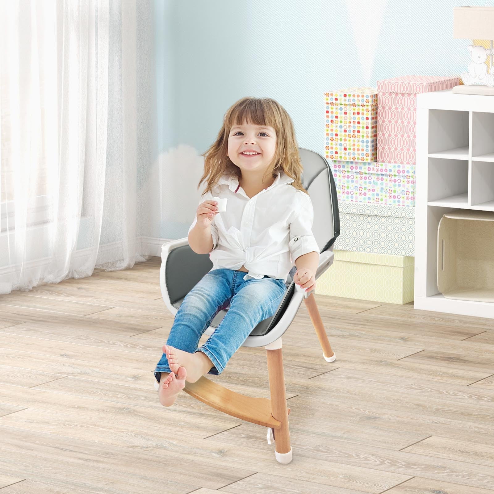 Infans Baby High Chair Wooden Feeding Chair w/ 4-Gear Tray & Removable Cushion Grey