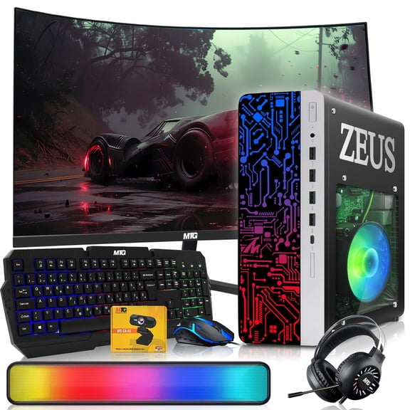 Restored TechMagnet Zeus Pro 9 Gaming Desktop PC, Intel i7, GT 1030, 8GB ARGB RAM, 512GB SSD, 27 Inch Curved Monitor, RGB Keyboard Mouse, Soundbar, Headphone, USB WiFi BT, Webcam, Win 11