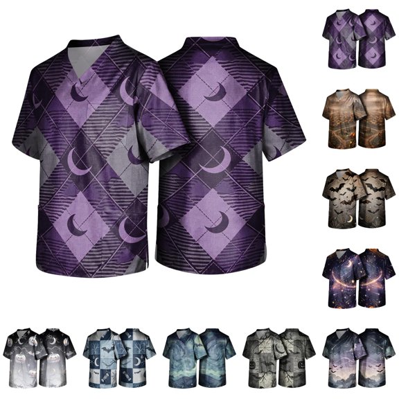 Halloween Scrub Tops for Men Ghost Witch Hat Print V Neck Scary Scrub Shirts Skeleton Plus Size Short Sleeve Spooky Medical Uniforms with Pockets L