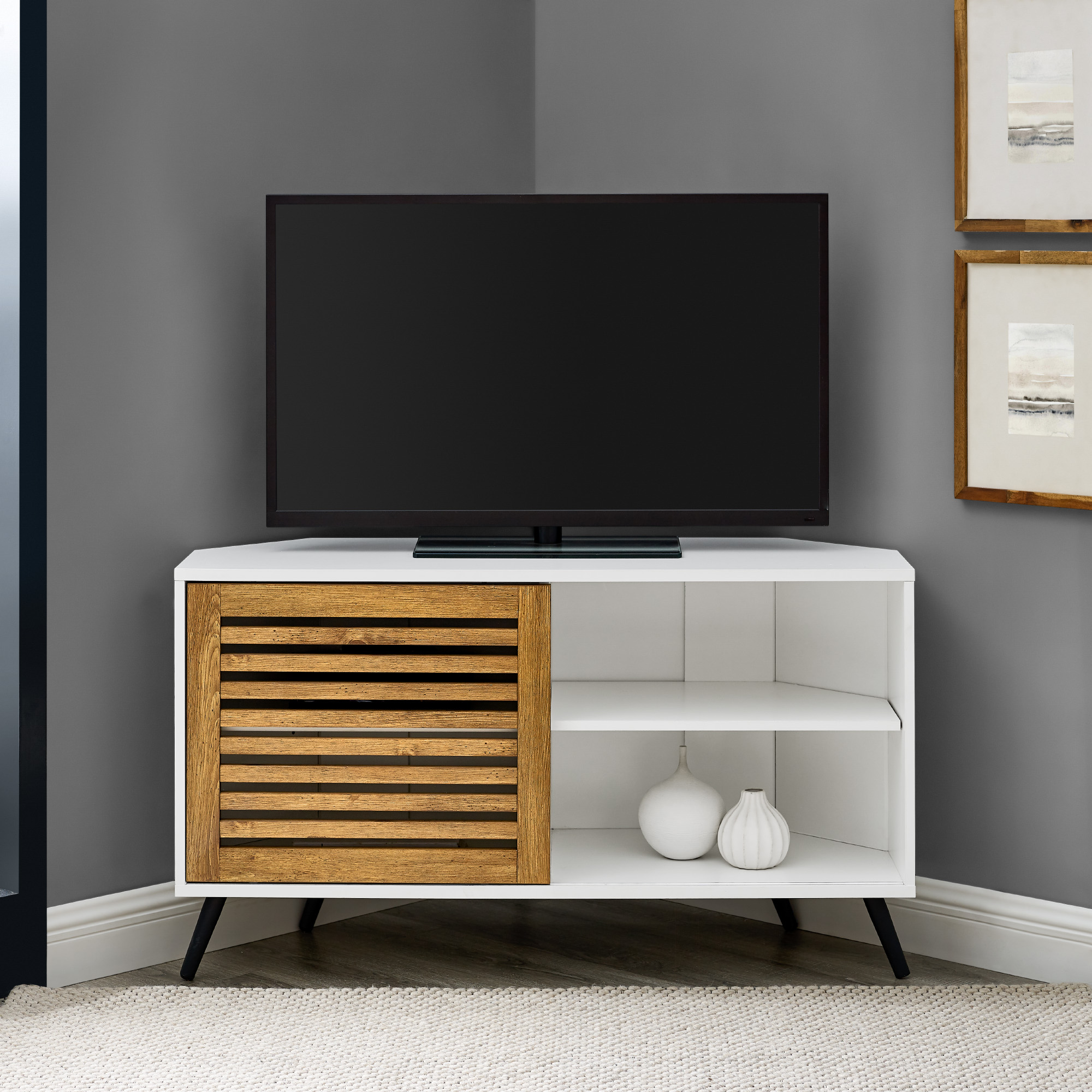 Manor Park Contemporary Boho Sliding Door Corner TV Stand, White