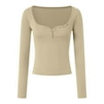 thumbnail image 4 of larppty Womens Long Sleeve Henley Shirts Sexy Tops Slim Fit Stretchy T-Shirt Trendy Outfits Fall Clothes Streetwear (Beige, L), 4 of 9