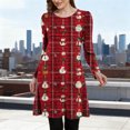 thumbnail image 2 of Women's Christmas Pleated Dress Long Sleeve Crewneck Printed Skirt with Pockets Red-2 XL, 2 of 6