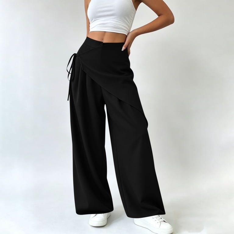 wide leg black dress pants women Hinvhai Women's Bow Tie Wrap Pants Elegant Business Casual Solid Color Long Pants with Button Black, Size: 2XL Hang or Line Dry