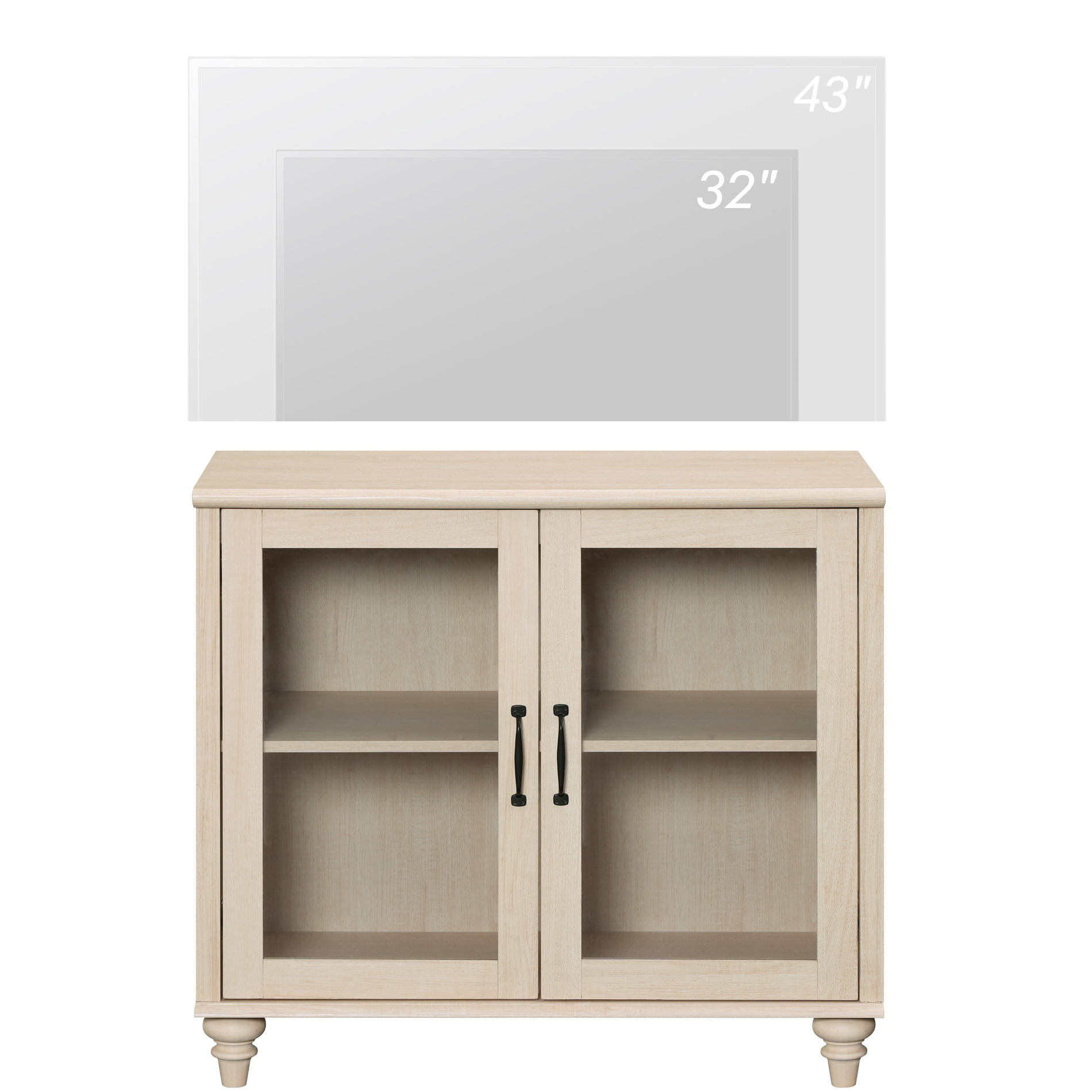 Light Beige Farmhouse TV Stand for 43 inch TV with 2 Glass Doors
