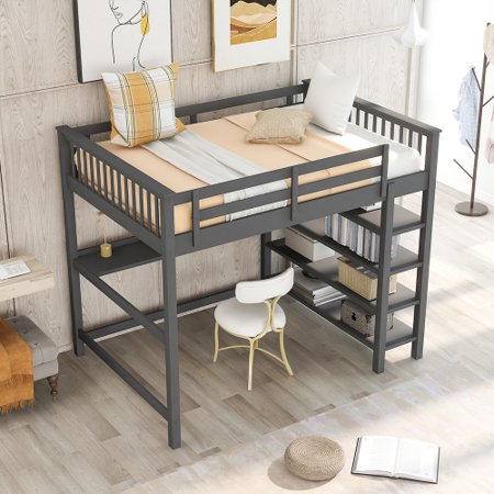 Full Size Loft Bed with Desk  Wood Bed Frame with Storage Shelves  Ladder and Full-length Guardrail  Loft Bed Frame for Kids Adults  Space Saving  No Box Spring Needed  Gray