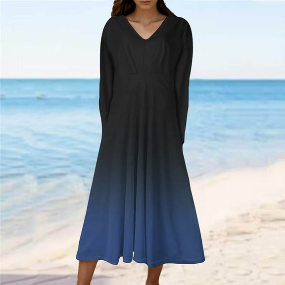 Cavosen Elegant Dresses for Women Long Sleeves Blue Maxi Dress High Waist V-Neck Calf Length Long Dress Gradient Casual Trendy Dress Flowy Party Vacation Fall Winter Clothes S