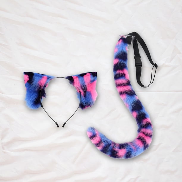 Diadema con orejas de animales, conjunto de cola, tocado, accesorios de disfraz, tocados, adorable vestido de cola larga para juegos de rol, mujeres y azul rosado