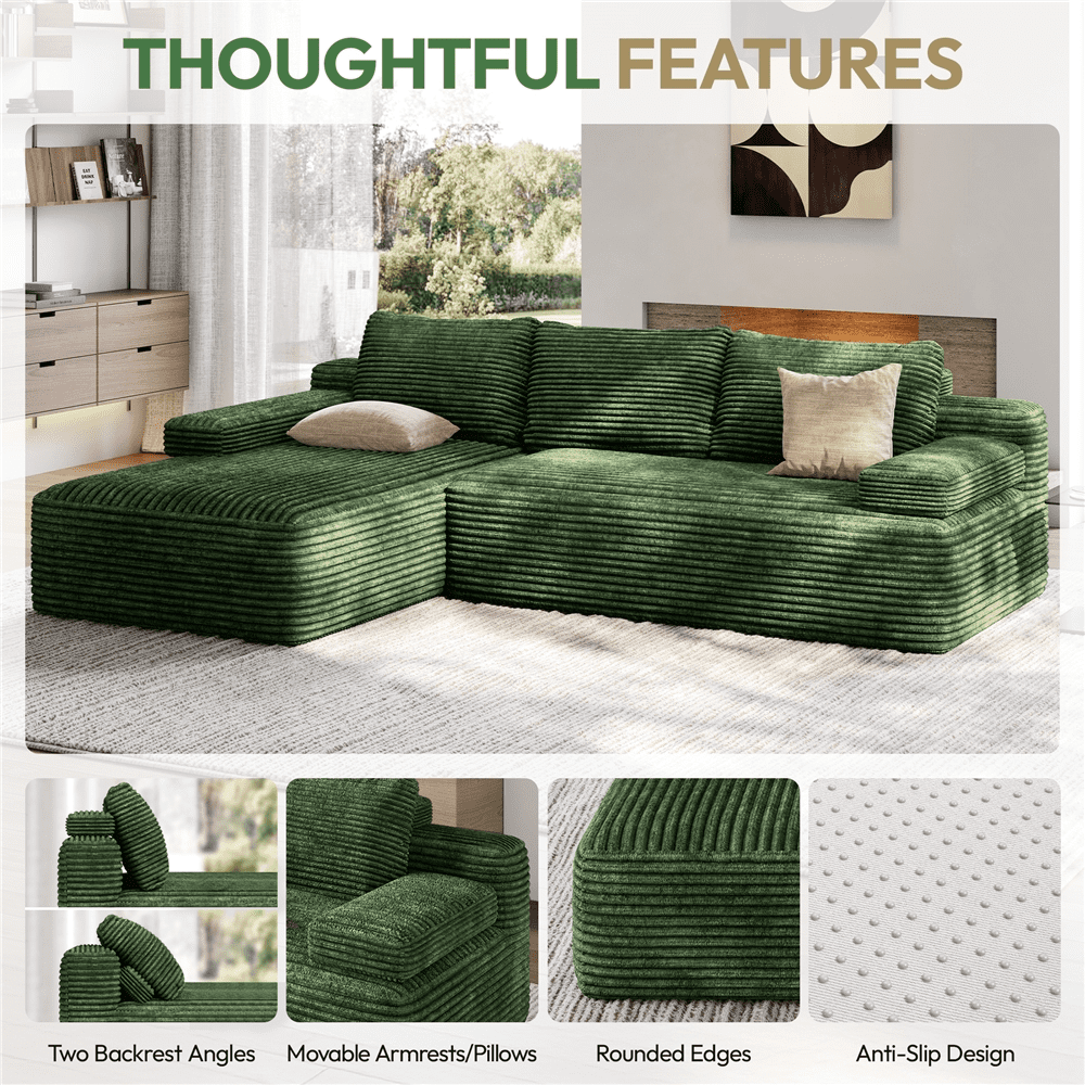 Renwick 110" L-Shaped Cloud Couch, Boneless Corduroy Sectional Sofa with 3 Detachable Pillows for Livingroom, Green