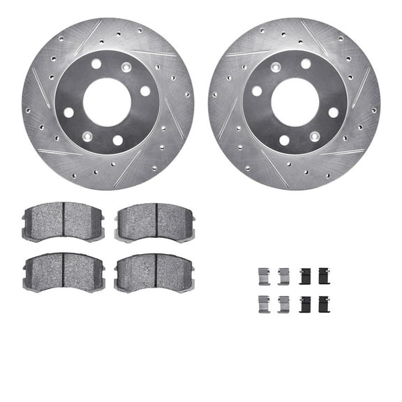 Dynamic Friction Company Front Brake Rotors-Drilled and Slotted-Silver with 5000 Advanced Brake Pads includes Hardware 7512-72038