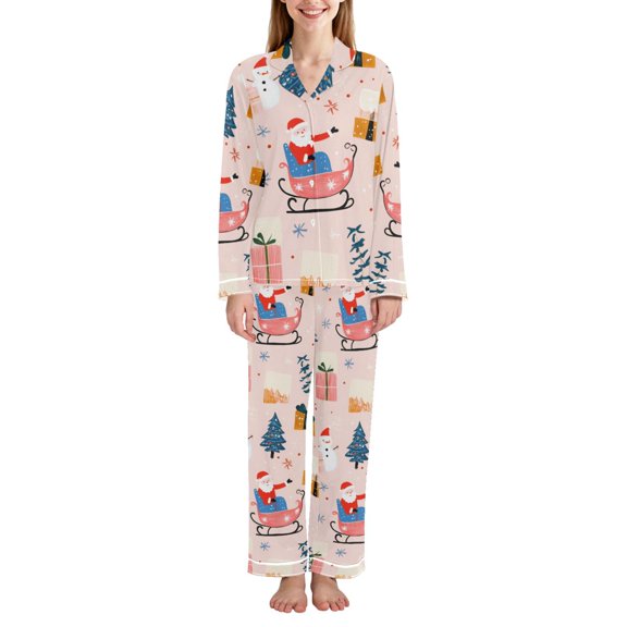 FORMRS Womens Pajama Set Long Sleeve Top and Pants with Pockets Soft Comfy Lounge Sleepwear, Sizes S-2XL, Blue Christmas Santa