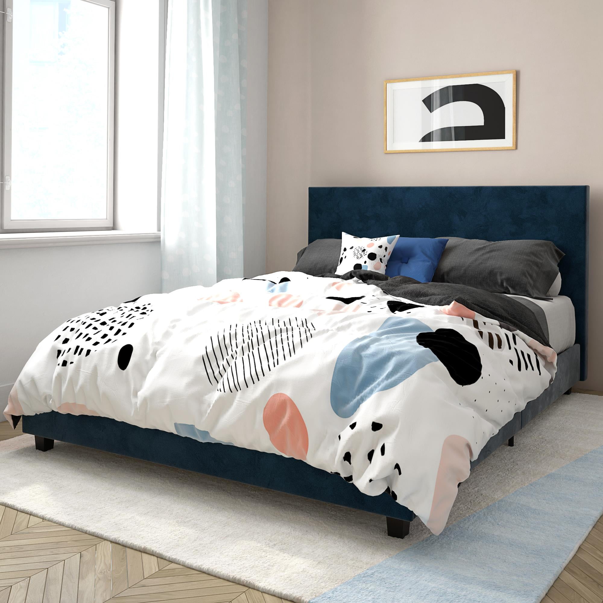 Mainstays Upholstered Bed, Queen Bed Frame, Blue Velvet