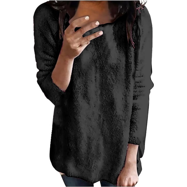 IMENGL Chandail à Col Rond en Peluche à Manches Longues Mince Mode pour Femmes, Noir m, Taille M-5TG