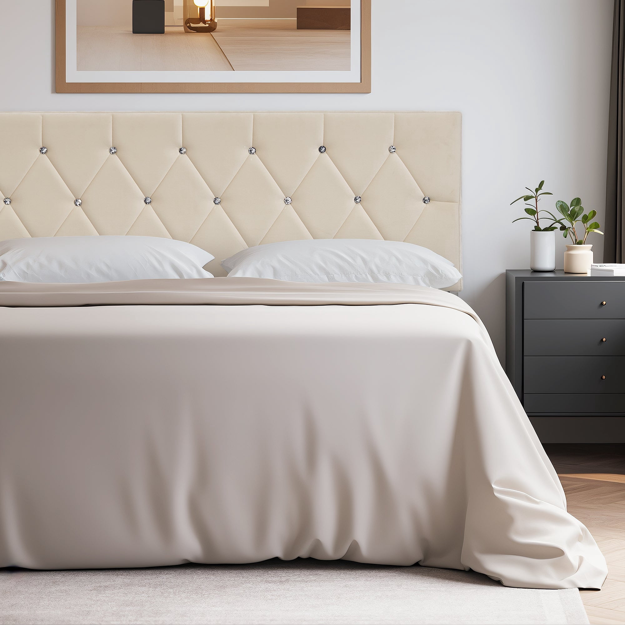 VECELO Queen Upholstered Headboard, Mid-Rise Diamond Tufted Adjustable Headboard from 39.8" to 49.8", Easy Assembly, Beige