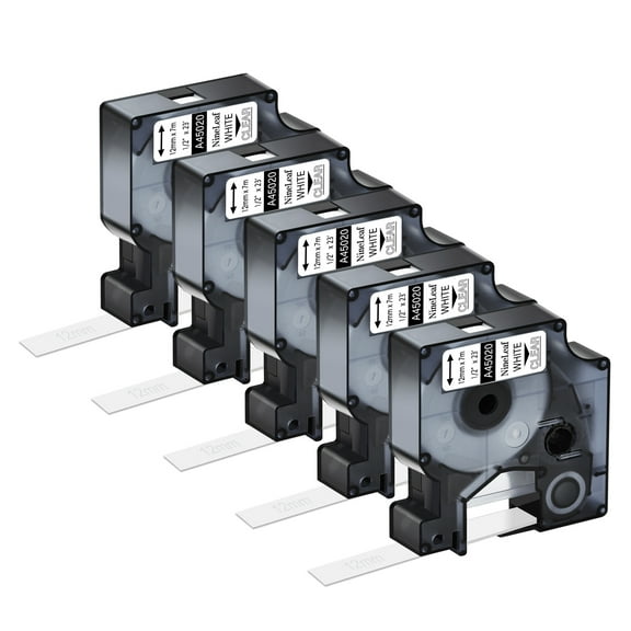 NineLeaf 5PK Compatible for DYMO D1 45020 1/2" x 23' (12mm x 7m) White on Clear Label Maker Tape for Label Manager 100 120P 160 210D