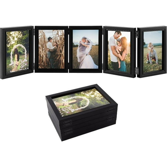 4x6in 5 Folding Accordion Picture Frame - Foldable Hinged Collage Photo Frames for Tabletop Display Multiple Family Pictures Birthday Father's Day Gifts (Black)