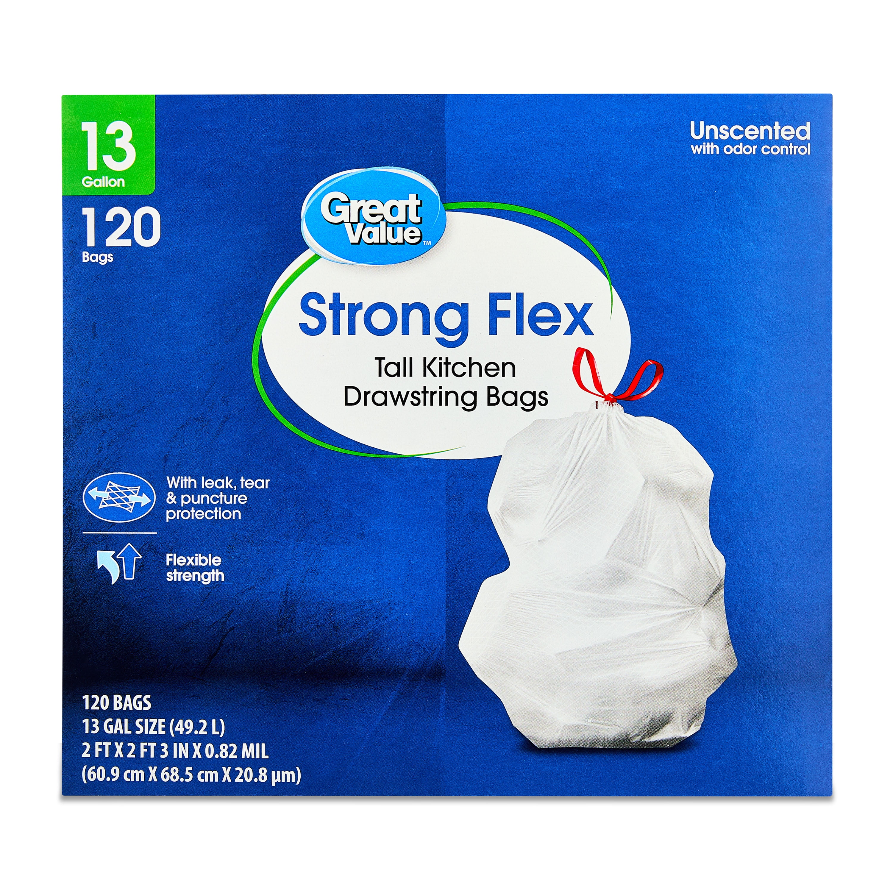 Great Value 13 Gallon Strong Flex Tall Kitchen Drawstring Bags, 120 Bags