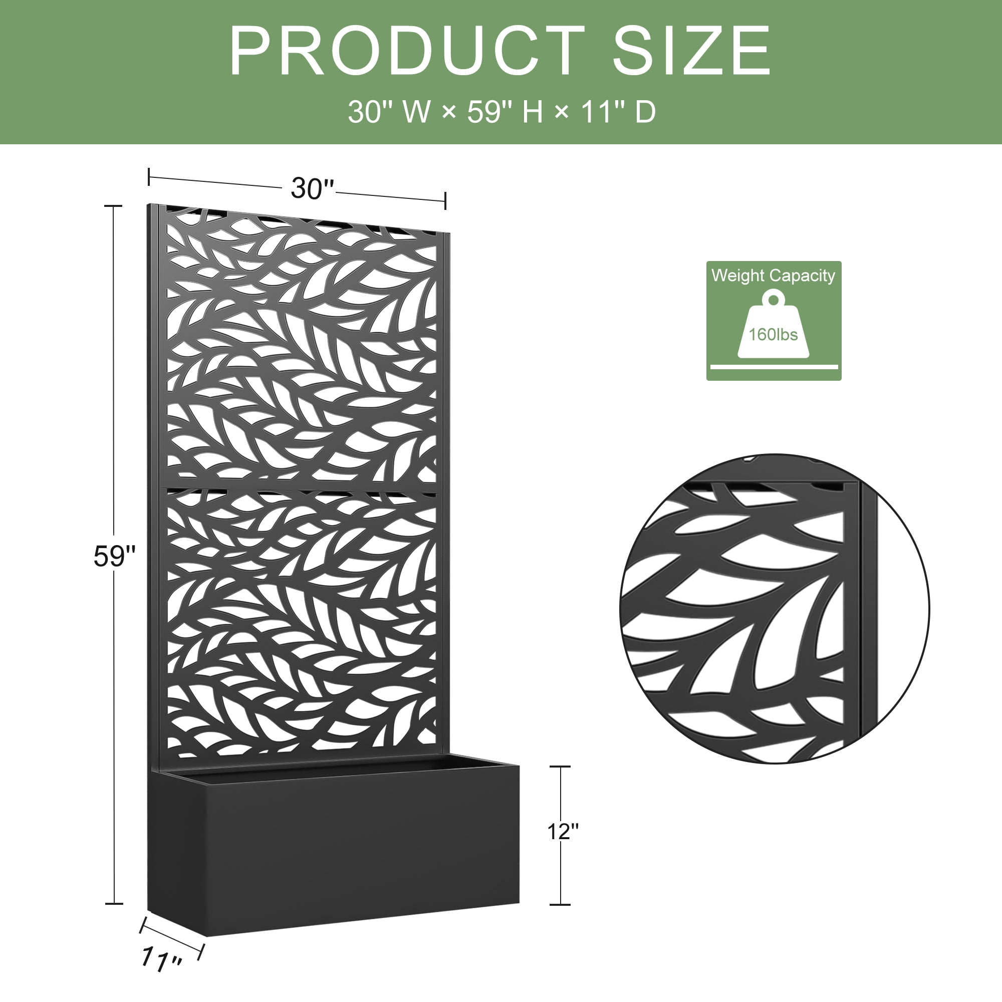 MAYEERTY 2-Set 59*30" Outdoor Black Metal Planter Box with Trellis for Climbing Plants, Flowing Leaves Panel