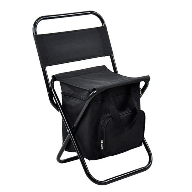 Silla de camping plegable, bolsa térmica, silla de pesca, contenedor de alimentos, taburete con respaldo portátil, taburete plegable para viajes, cocina, picnic Negro