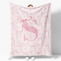 Coquette Pink Bow Throw Blanket, Personalized Initial Alphabet Fluffy Cozy Flannel Blanket, Monogrammed Gifts for Women, Unique Customized Blanket for Her Girls Christmas Birthday
