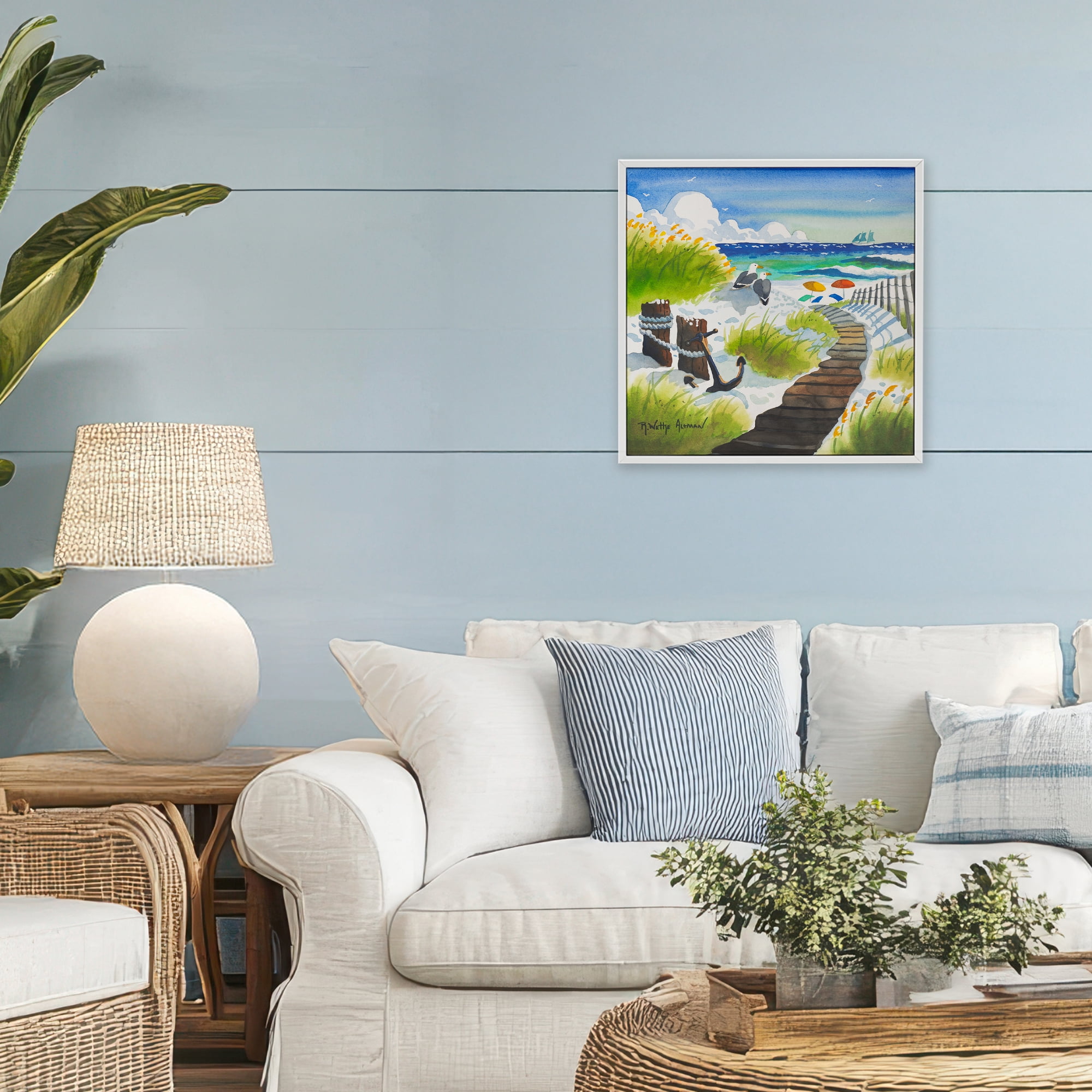 Stupell Industries Seagull & Anchor on Shore White Framed Giclee Art, design by Robin Altman