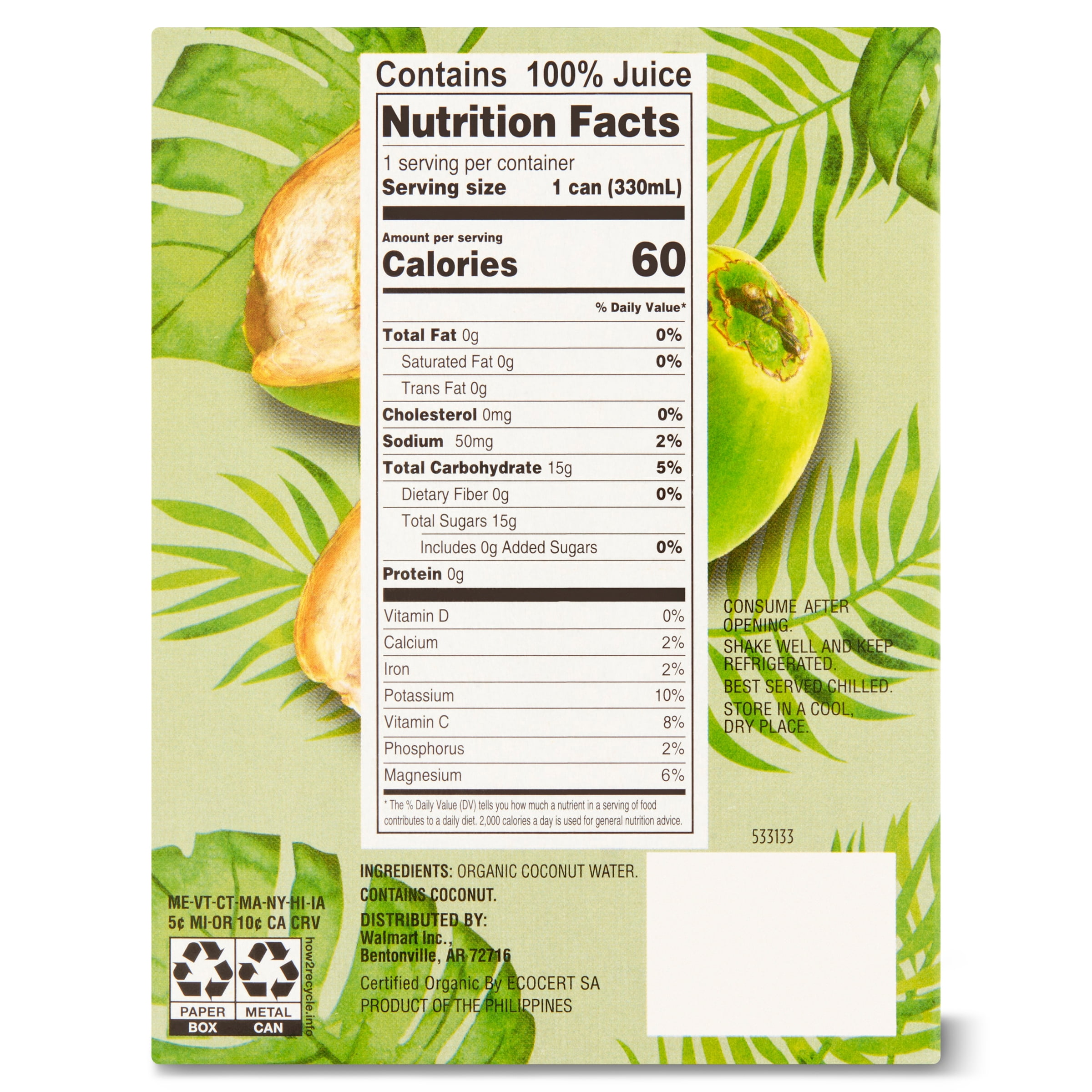 Great Value Organic Coconut Water, 11 fl oz, 4 Count