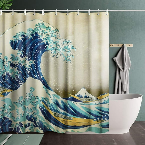 INVIN ART Bathroom Wave Shower Curtain Set with Hooks,The Great Wave Off Kanagawa by Katsushika Hokusai,Home Art Paintings Pictures for Bathroom