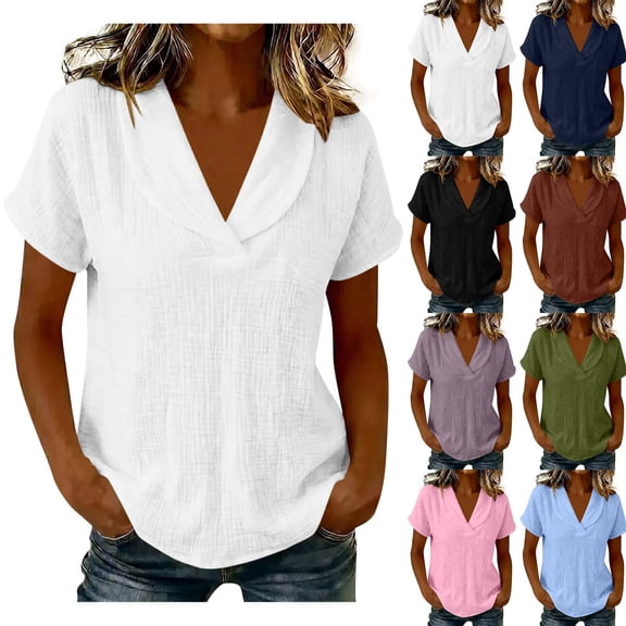 Ashirexll Womens Casual Tops Collared V-Neck Short Sleeve Solid Color Blouse Casual Summer Top for Spring