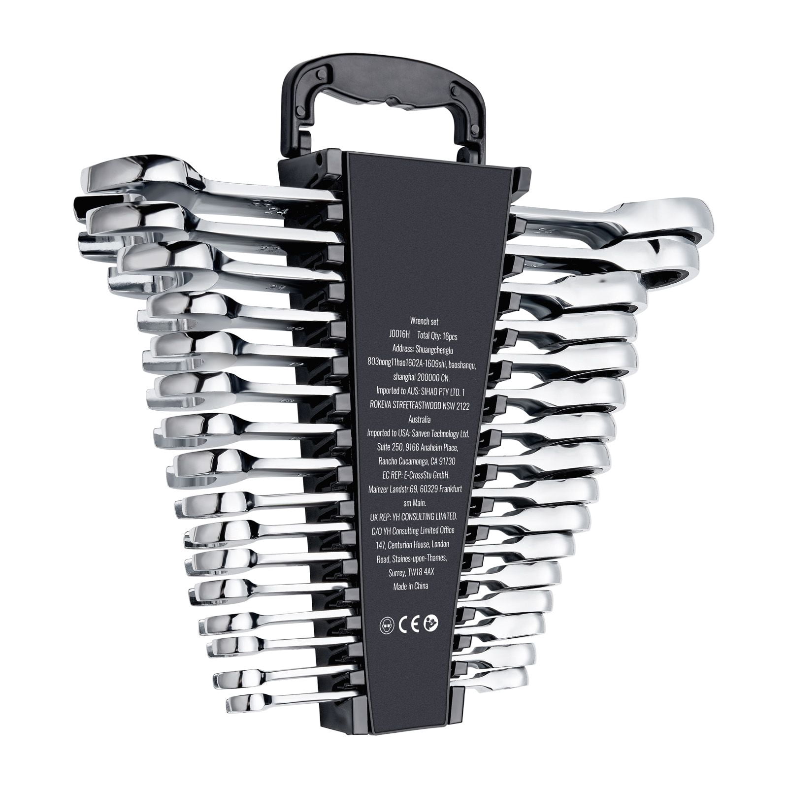 16-Piece Metric Wrench Set with 72-Tooth Ratchet, CR-V Steel, 5° Working Angle, Storage Rack, for Auto Repair DIY Maintenance