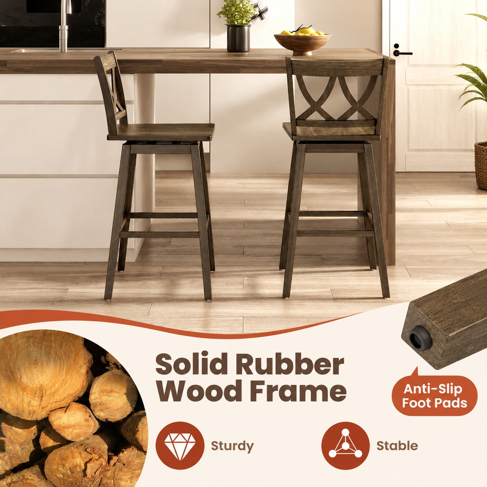 Furnibear 24/29 Inch Bar Stool Set of 2 Wooden Bar Chairs with Rubber Wood Frame-29 inches for Kitchen Island Counter Bar Pub Dining Home, Gray