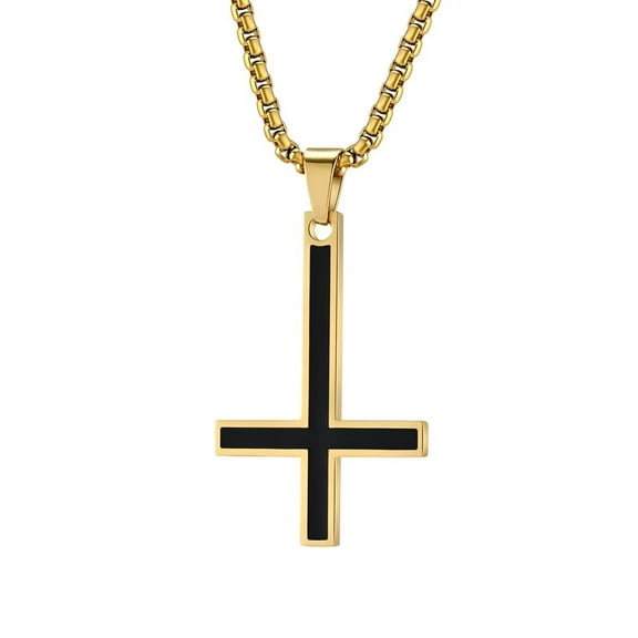 PAMTIER Unisex Stainless Steel Personality Rock Smooth Inverted Cross Pendant Amulet Crucifix Necklace Hip Hop Non-mainstream Gold 23.6" Chain