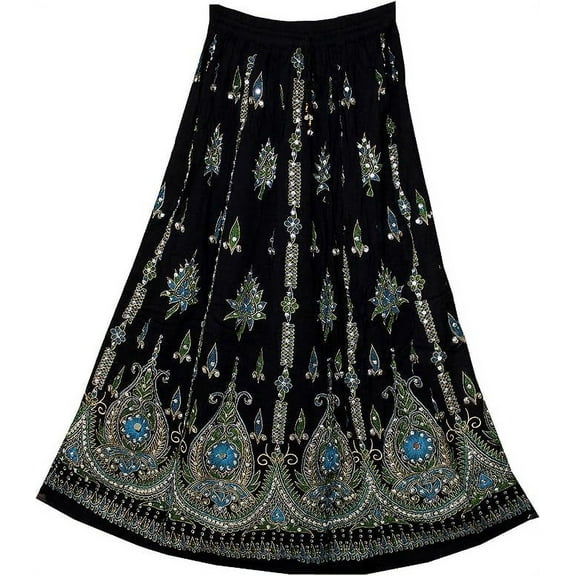 Sharvgun Indian Skirt Long With Sequins Embroidered Design Drawstring Fashions Tie Dye Black