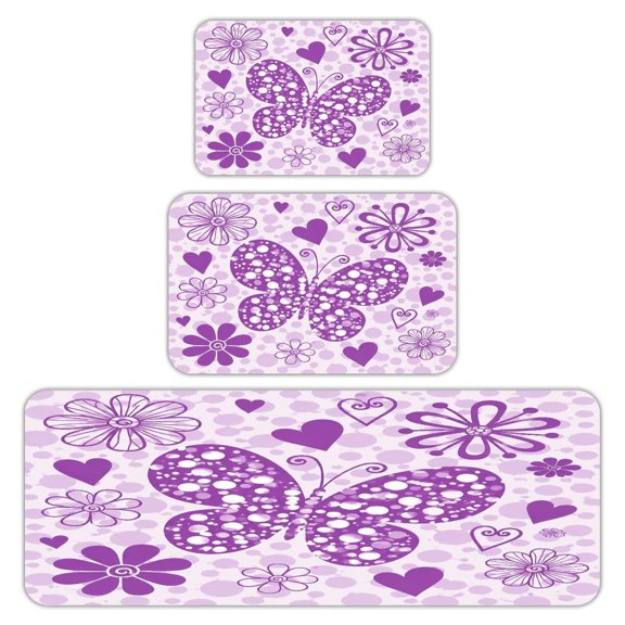 RKSupls Kitchen Rug Set 3 Piece Anti-Slip Flannel Floor Mats, Purple Butterfly Flowers Washable Absorbent Runner Mats for Kitchen Bathroom Home Decor